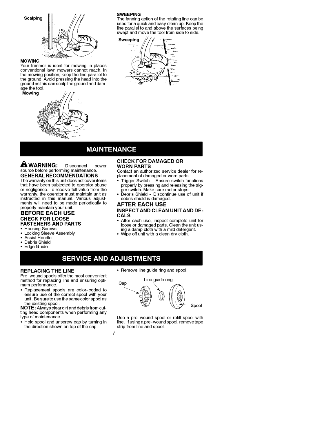 Weed Eater 545186761 instruction manual Maintenance, Service and Adjustments, Before Each USE, After Each USE 