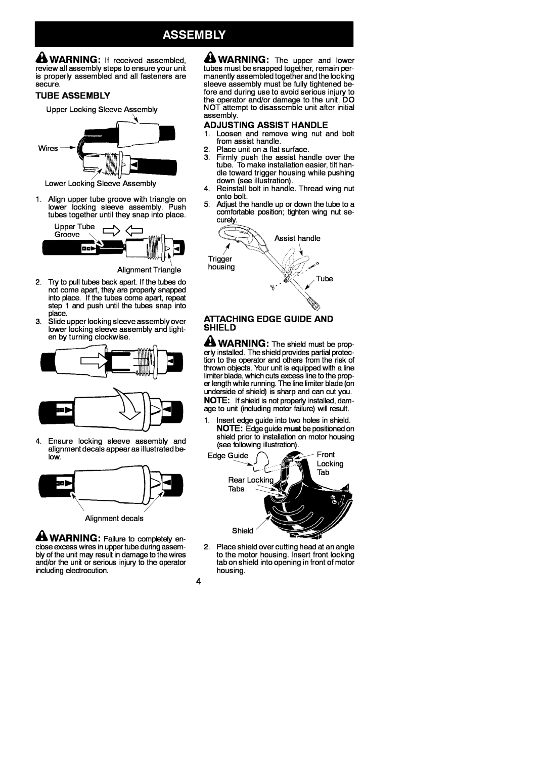 Weed Eater 545186761 instruction manual Tube Assembly, Adjusting Assist Handle, Attaching Edge Guide And Shield 