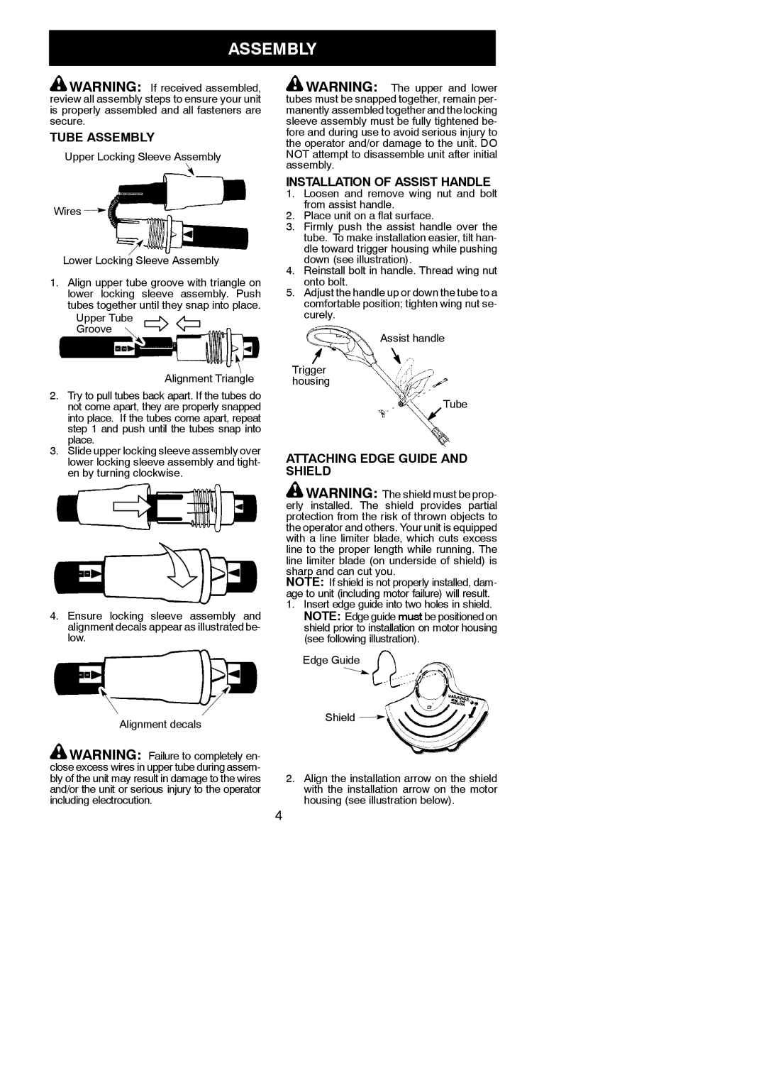 Weed Eater 545186762 instruction manual Tube Assembly, Installation of Assist Handle, Attaching Edge Guide and Shield 