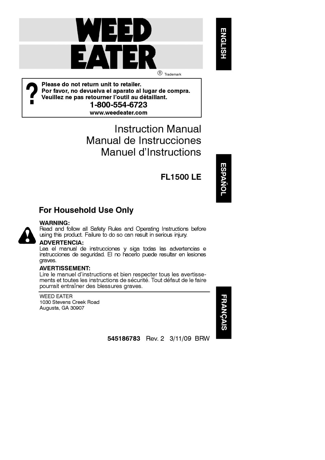 Weed Eater 545186783 instruction manual Manual de Instrucciones Manuel d’Instructions 