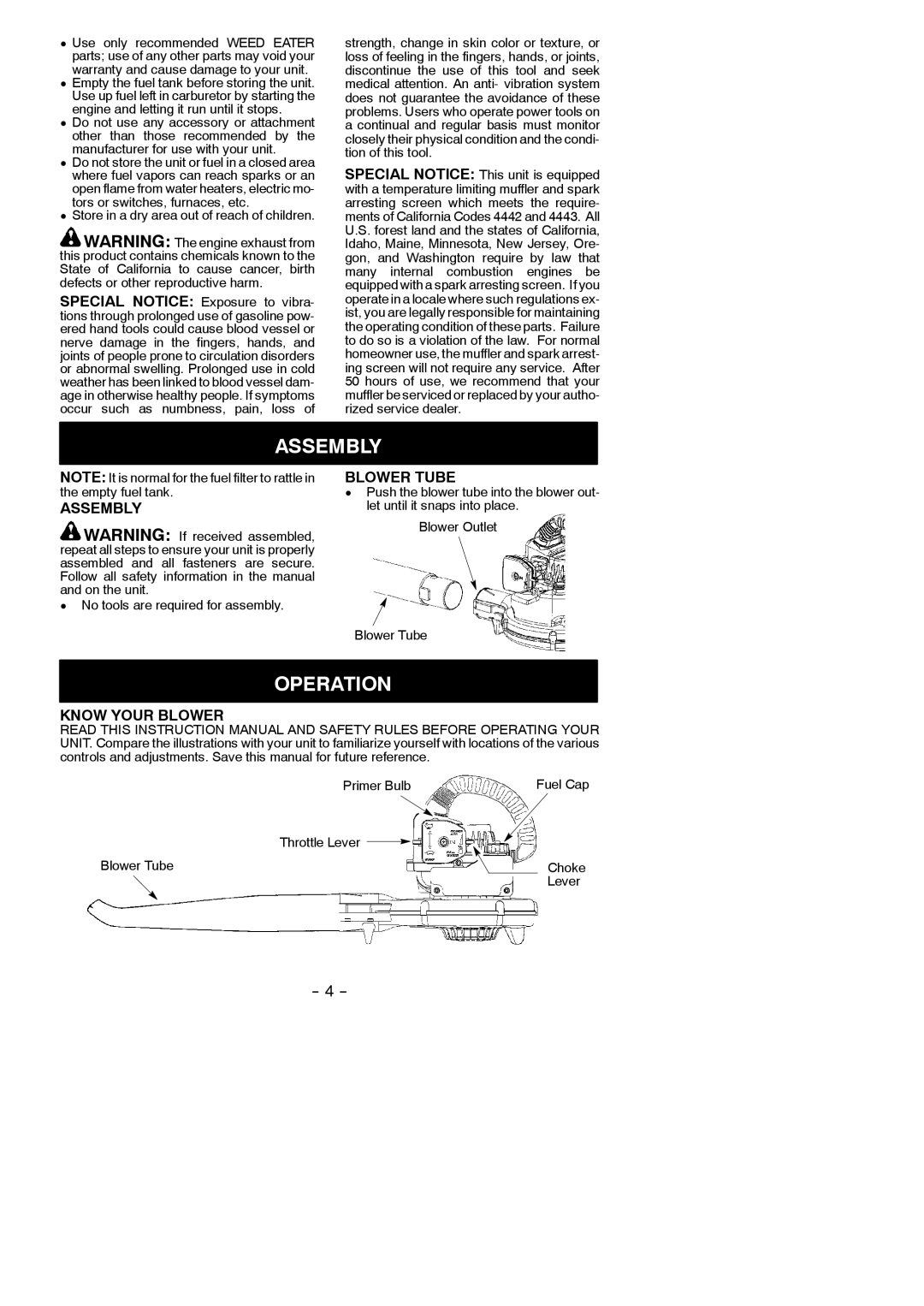 Weed Eater 545186783 instruction manual Assembly, Operation, Blower Tube, Know Your Blower 