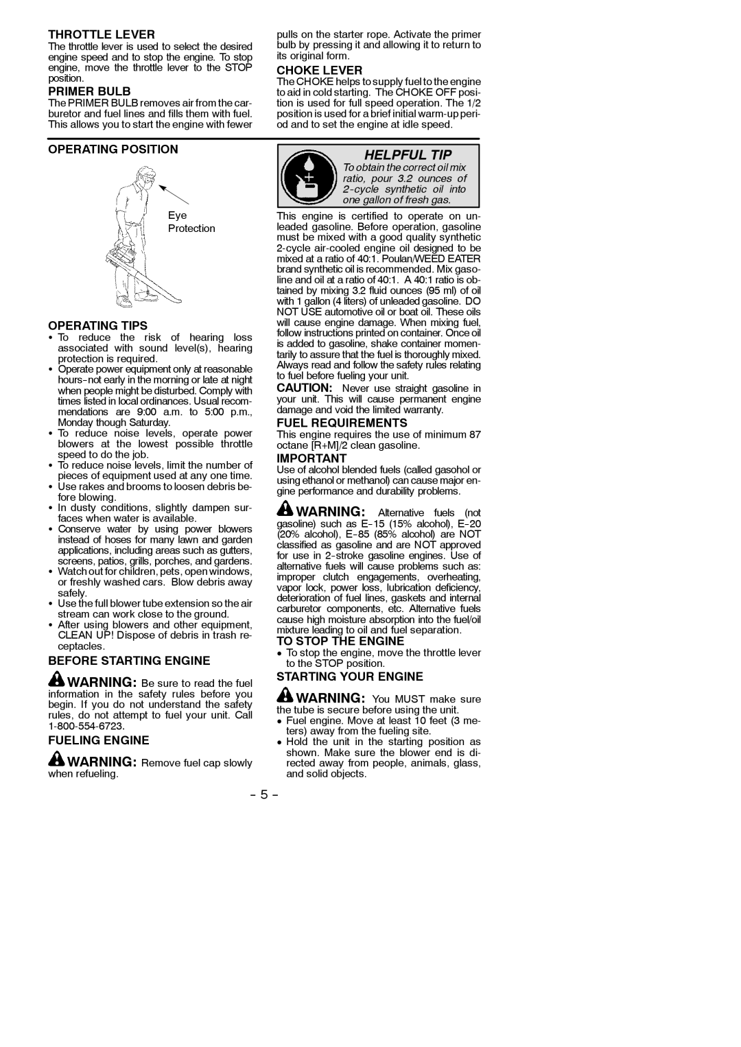 Weed Eater 545186783 Throttle Lever, Primer Bulb, Choke Lever, Operating Position, Operating Tips, Fuel Requirements 