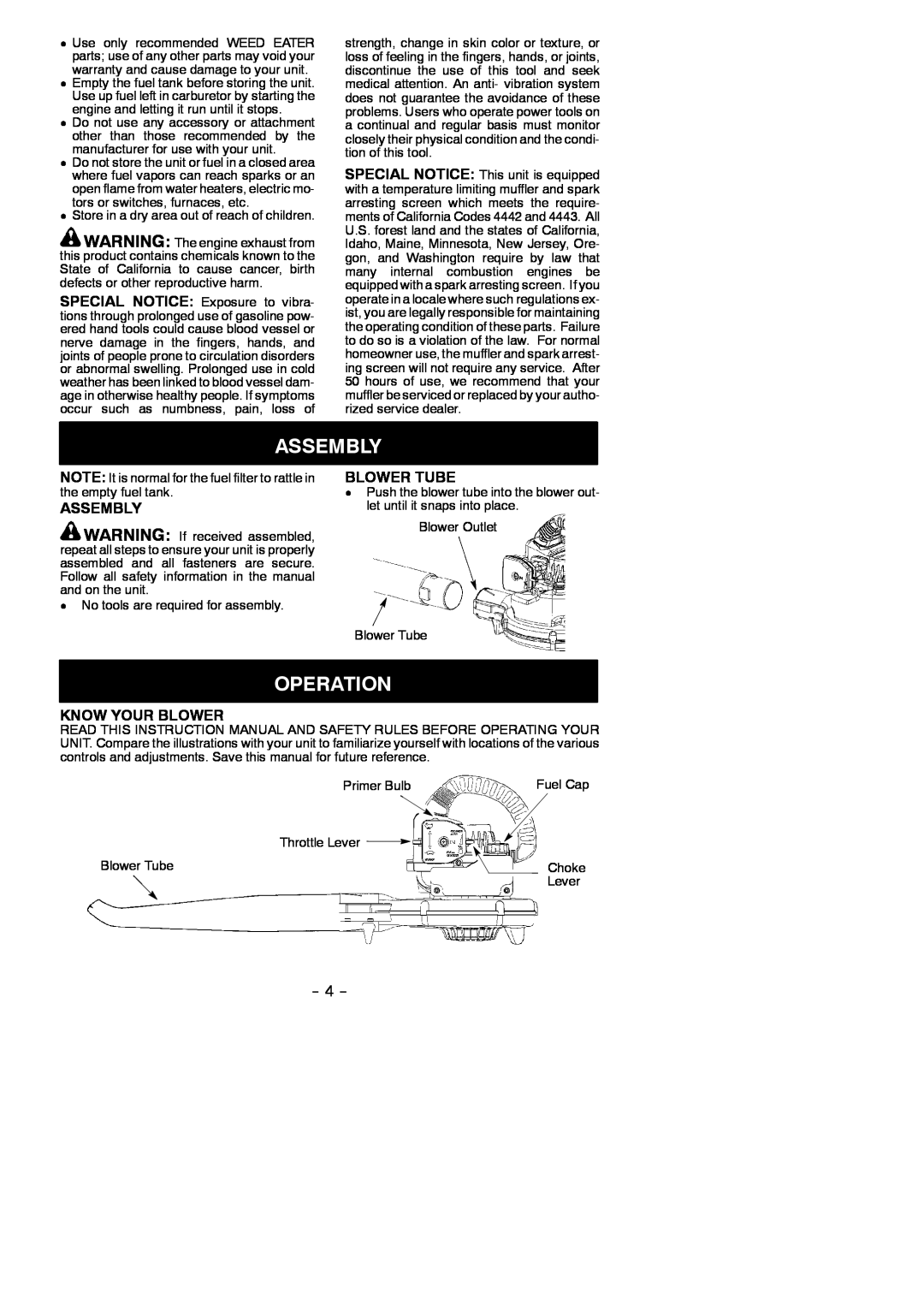 Weed Eater 545186783 instruction manual Assembly, Operation, Blower Tube, Know Your Blower 