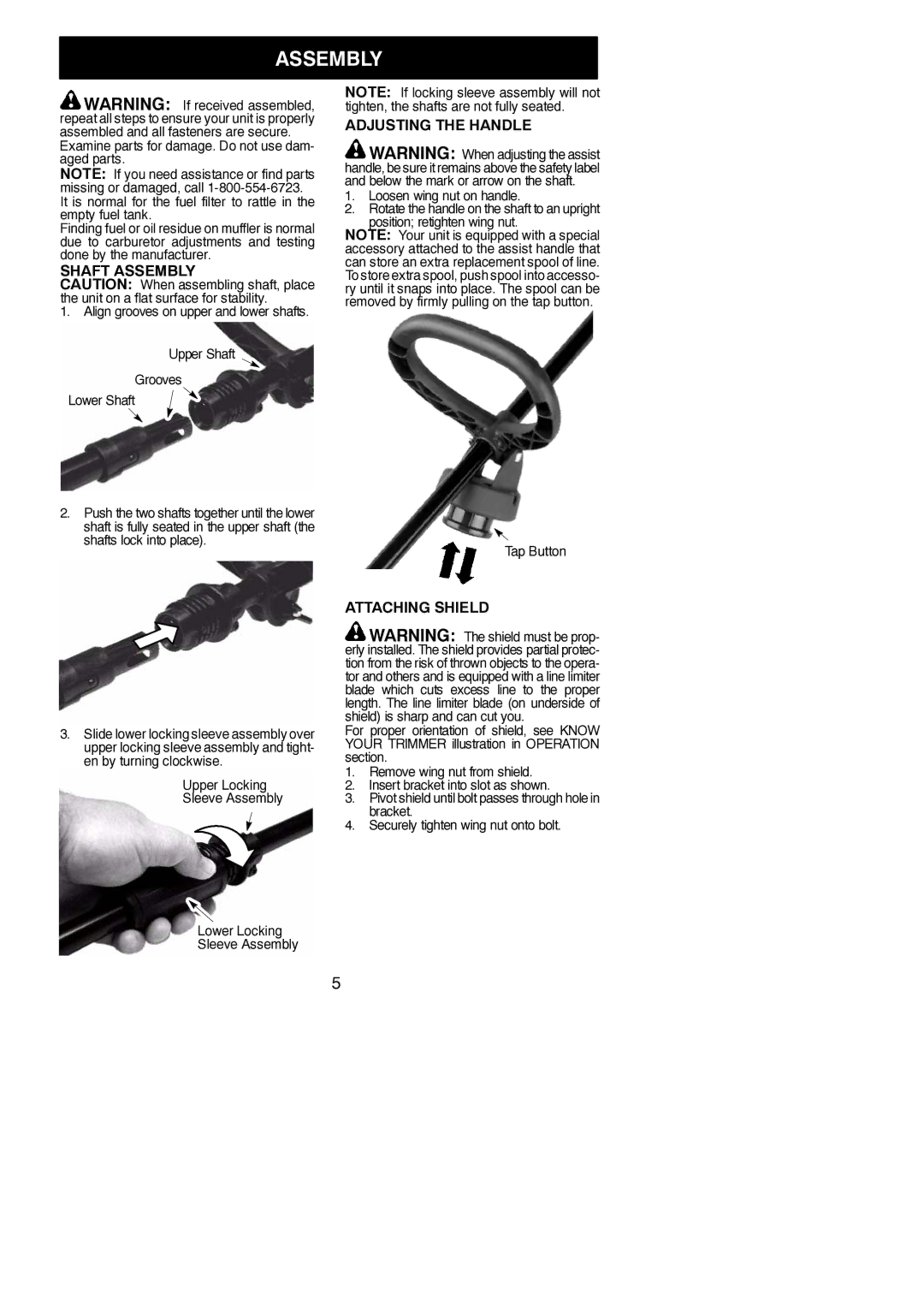 Weed Eater FX26SC, 545186796 instruction manual Shaft Assembly, Adjusting the Handle, Attaching Shield 