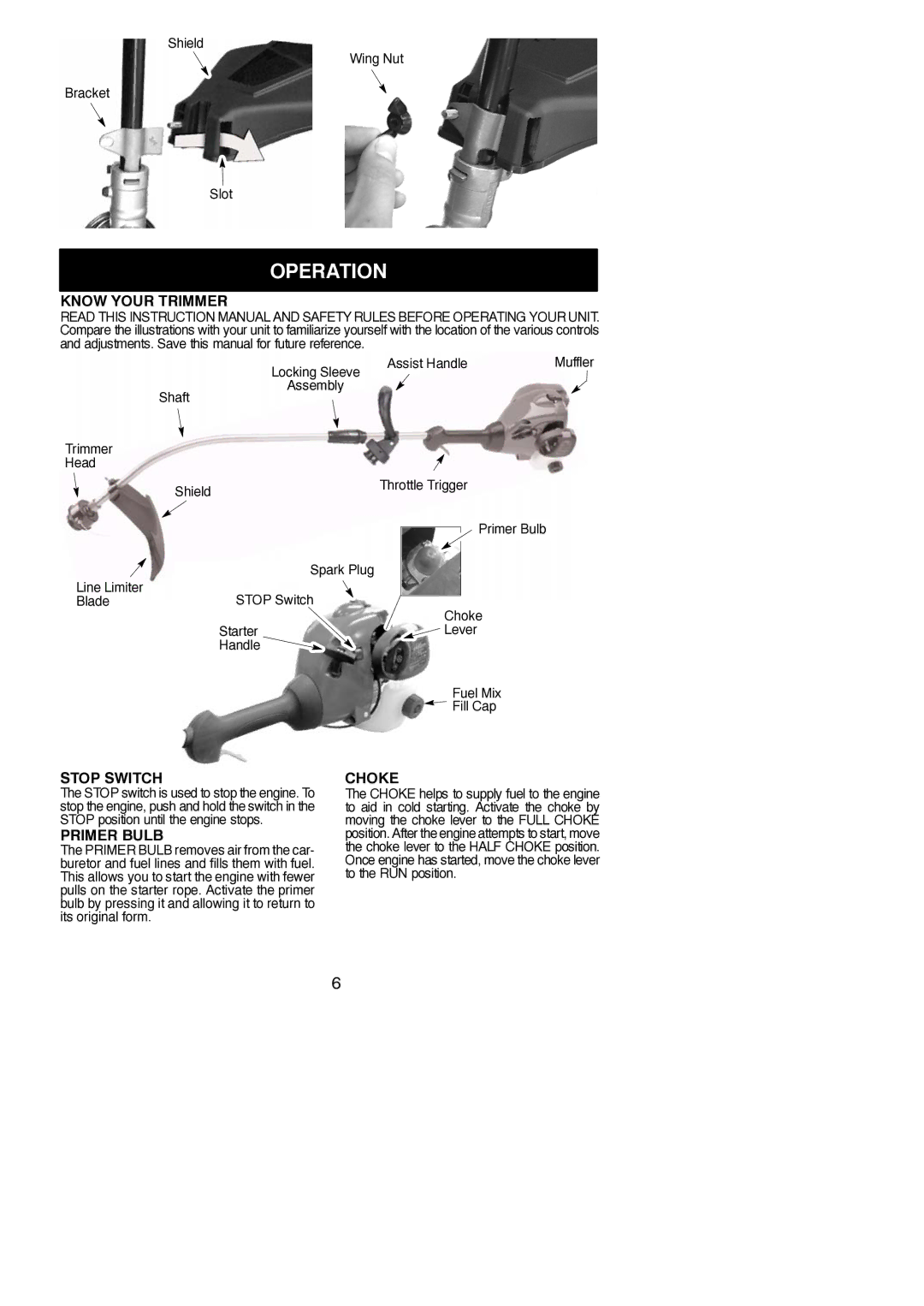 Weed Eater 545186796, FX26SC instruction manual Operation, Know Your Trimmer, Stop Switch, Primer Bulb, Choke 