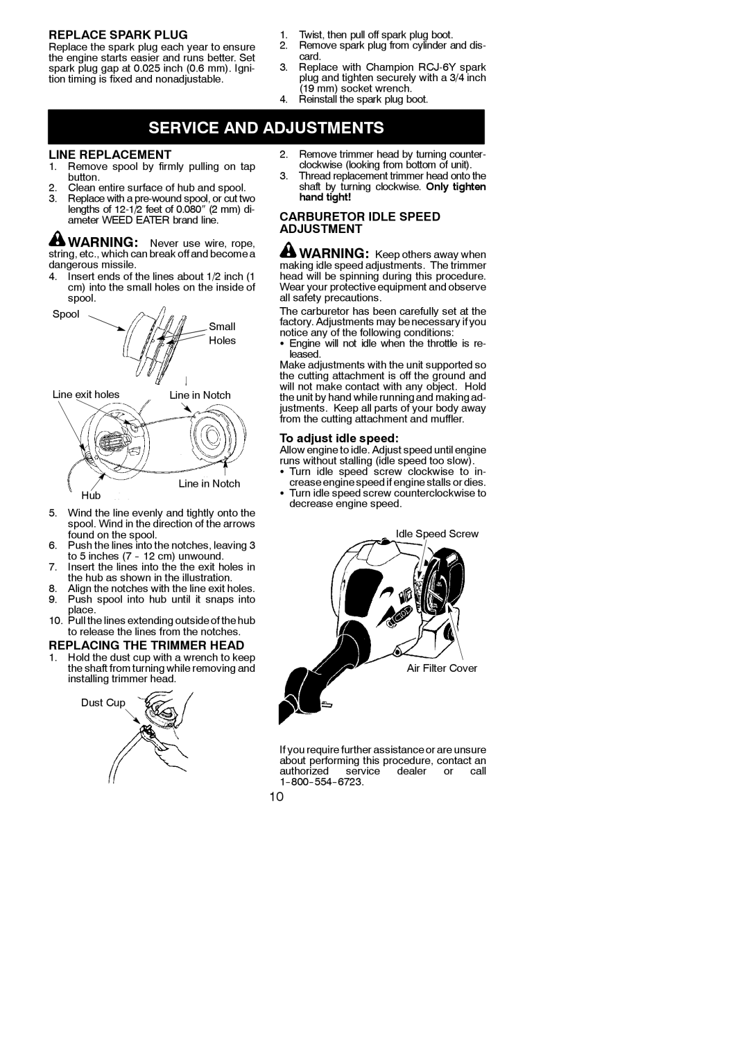 Weed Eater 545186831 Service and Adjustments, Replace Spark Plug, Line Replacement, Replacing the Trimmer Head 