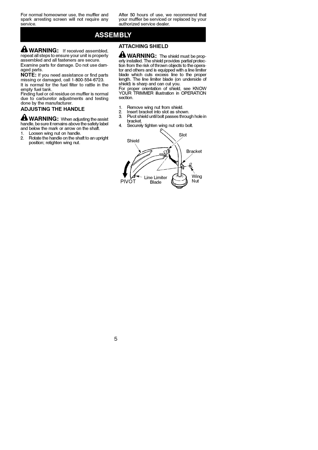 Weed Eater 545186831 instruction manual Assembly, Adjusting the Handle, Attaching Shield, Nut 