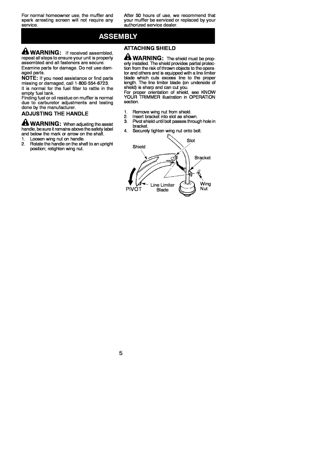 Weed Eater 545186831 instruction manual Assembly, Adjusting The Handle, Attaching Shield, Pivot 