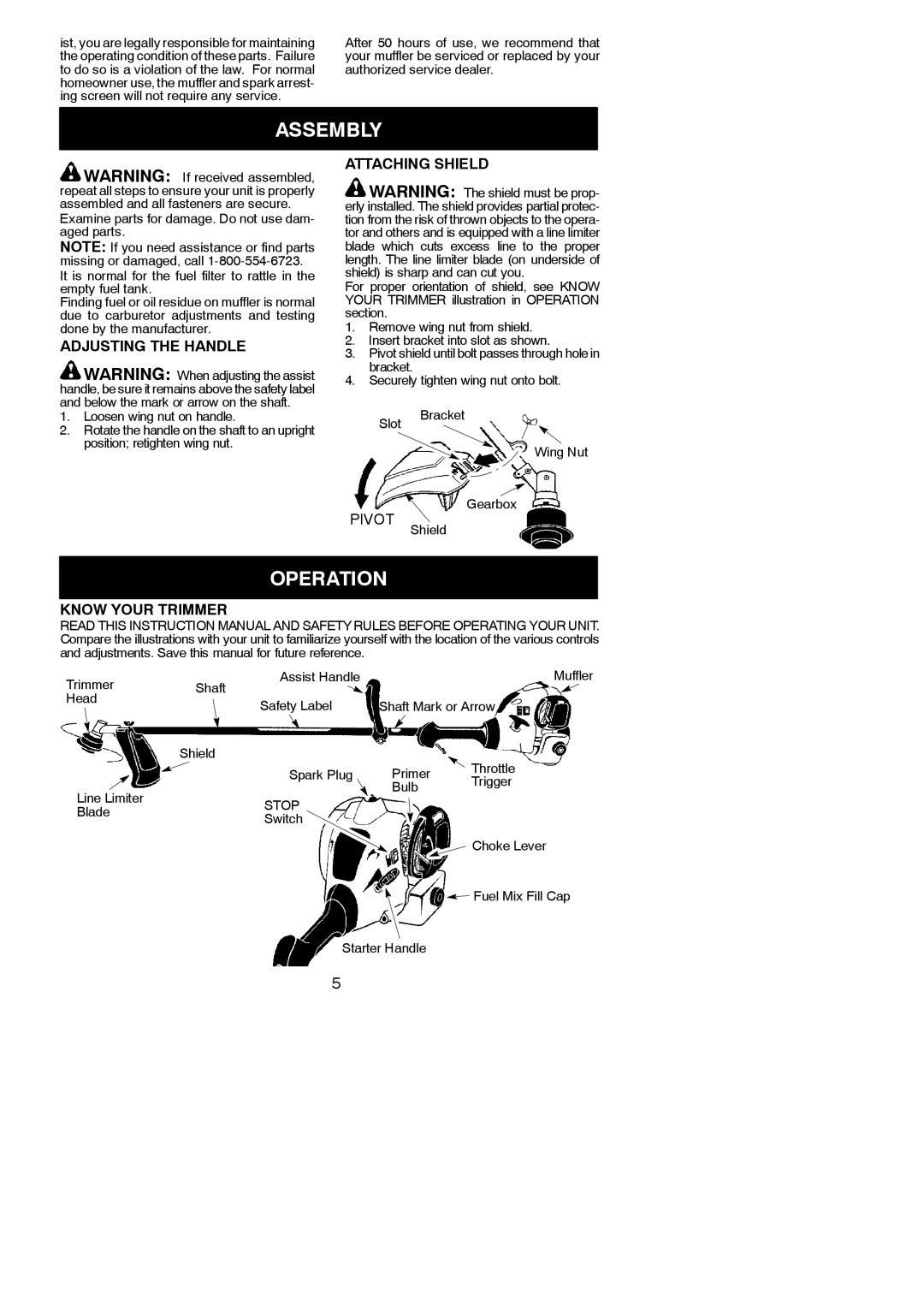 Weed Eater 545186832 instruction manual Assembly, Operation, Adjusting the Handle, Attaching Shield, Know Your Trimmer 