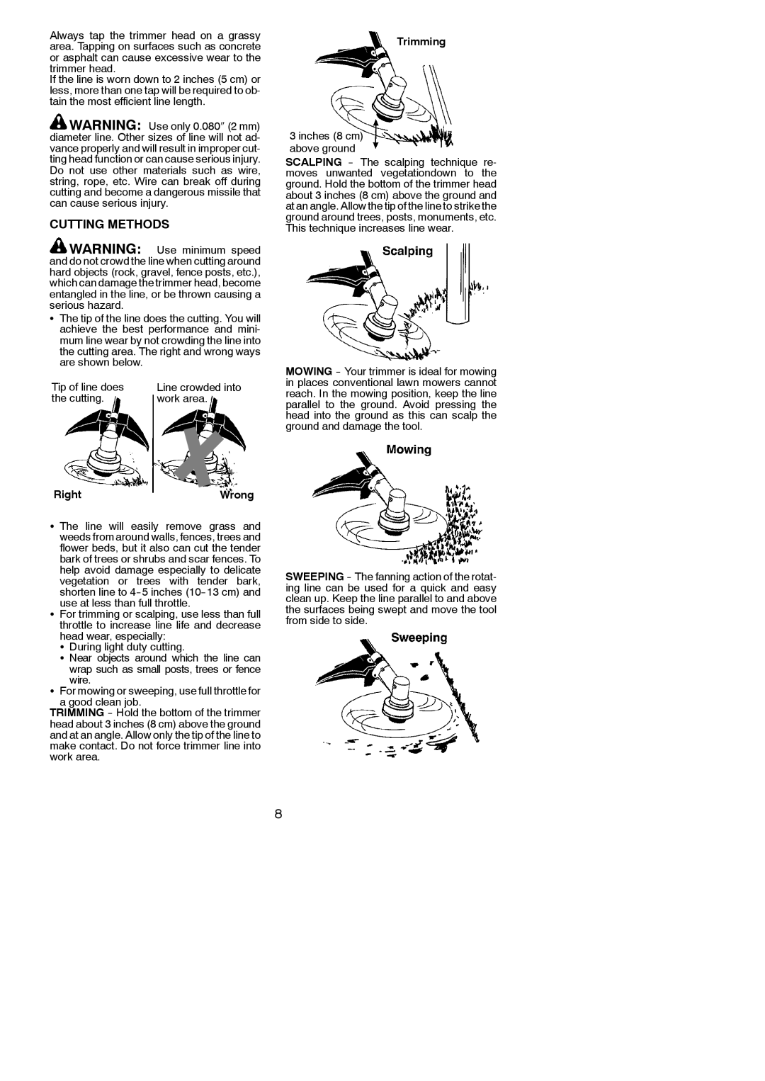 Weed Eater 545186832 instruction manual Cutting Methods, Tip of line does, Cutting Work area, Inches 8 cm above ground 