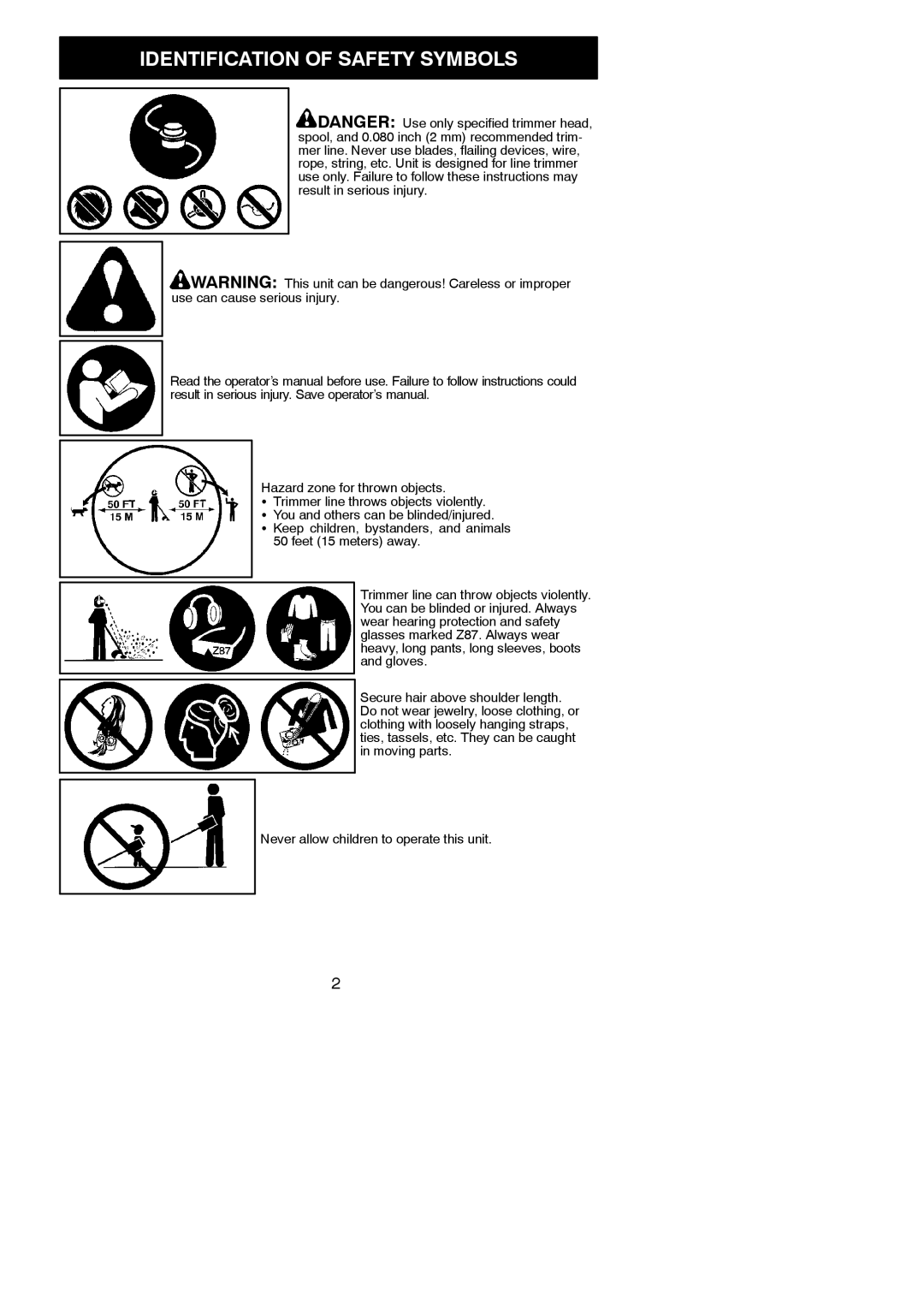 Weed Eater 545186833 instruction manual Identification of Safety Symbols 