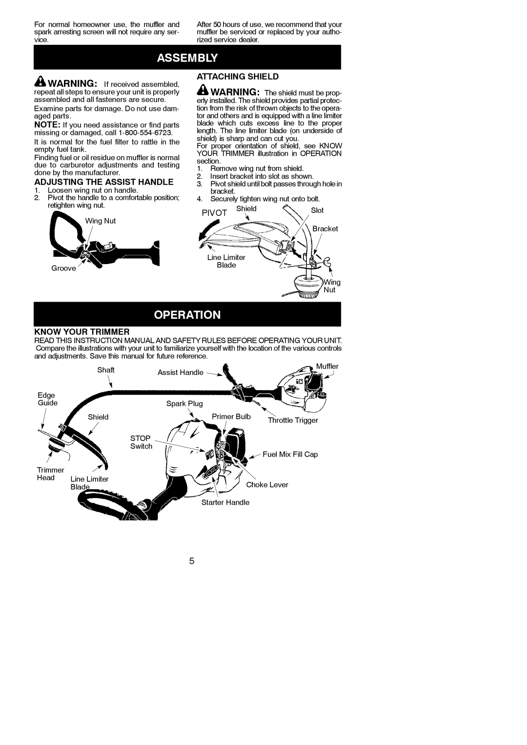 Weed Eater 545186833 Assembly, Operation, Adjusting the Assist Handle, Attaching Shield, Know Your Trimmer 