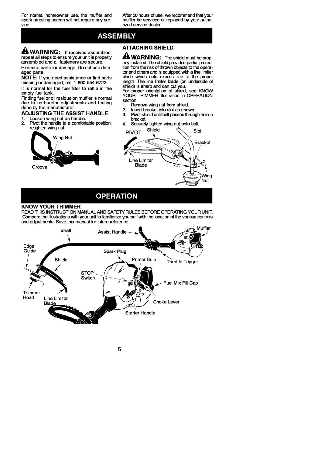 Weed Eater 545186833 Assembly, Operation, Adjusting The Assist Handle, Attaching Shield, PIVOT Shield, Know Your Trimmer 
