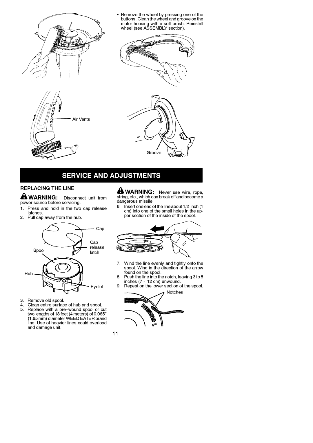 Weed Eater 545186765, 600 instruction manual Service and Adjustments, Replacing the Line, Air Vents Groove 