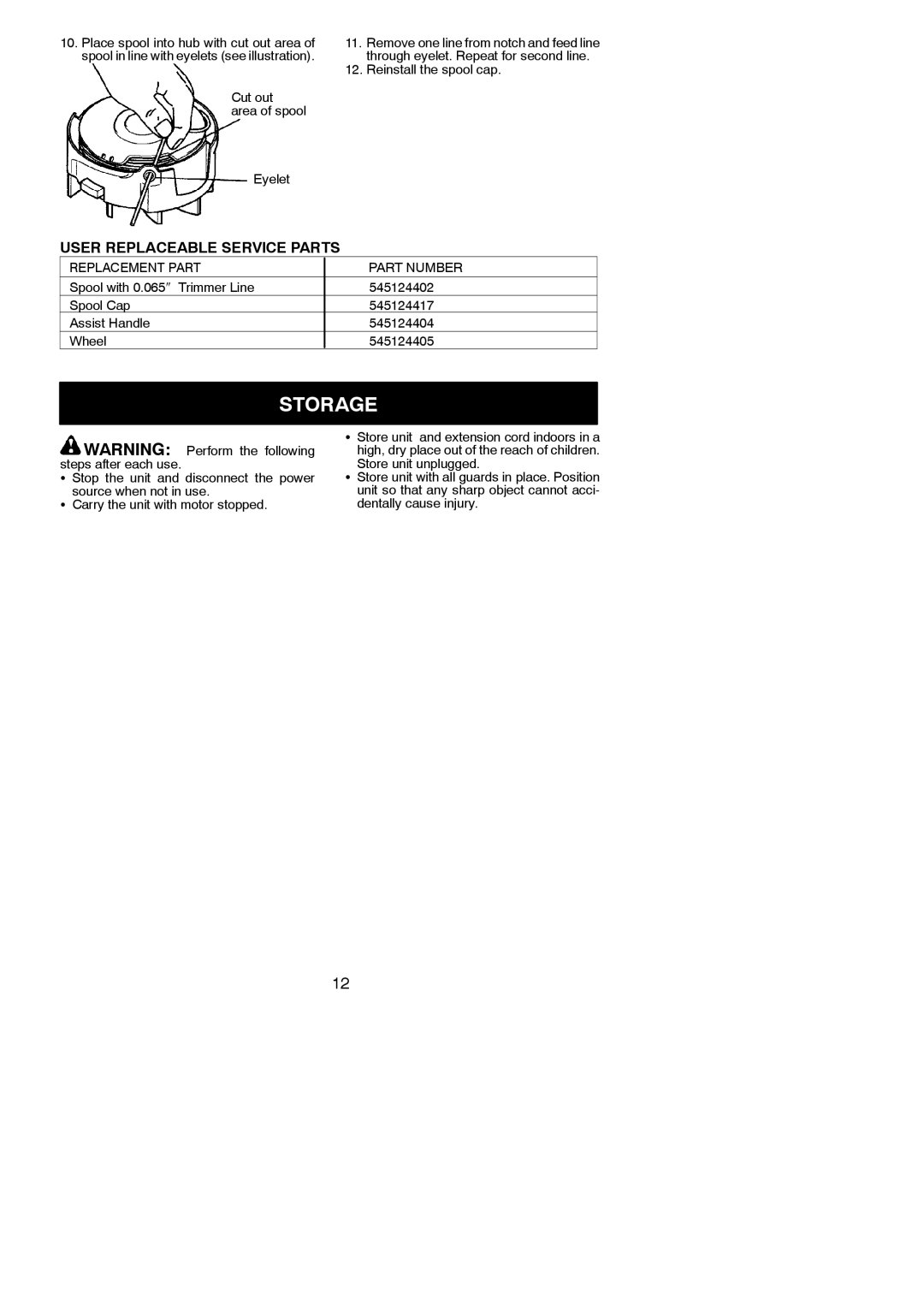 Weed Eater 600, 545186765 User Replaceable Service Parts, Cut out Area of spool Eyelet, Reinstall the spool cap 