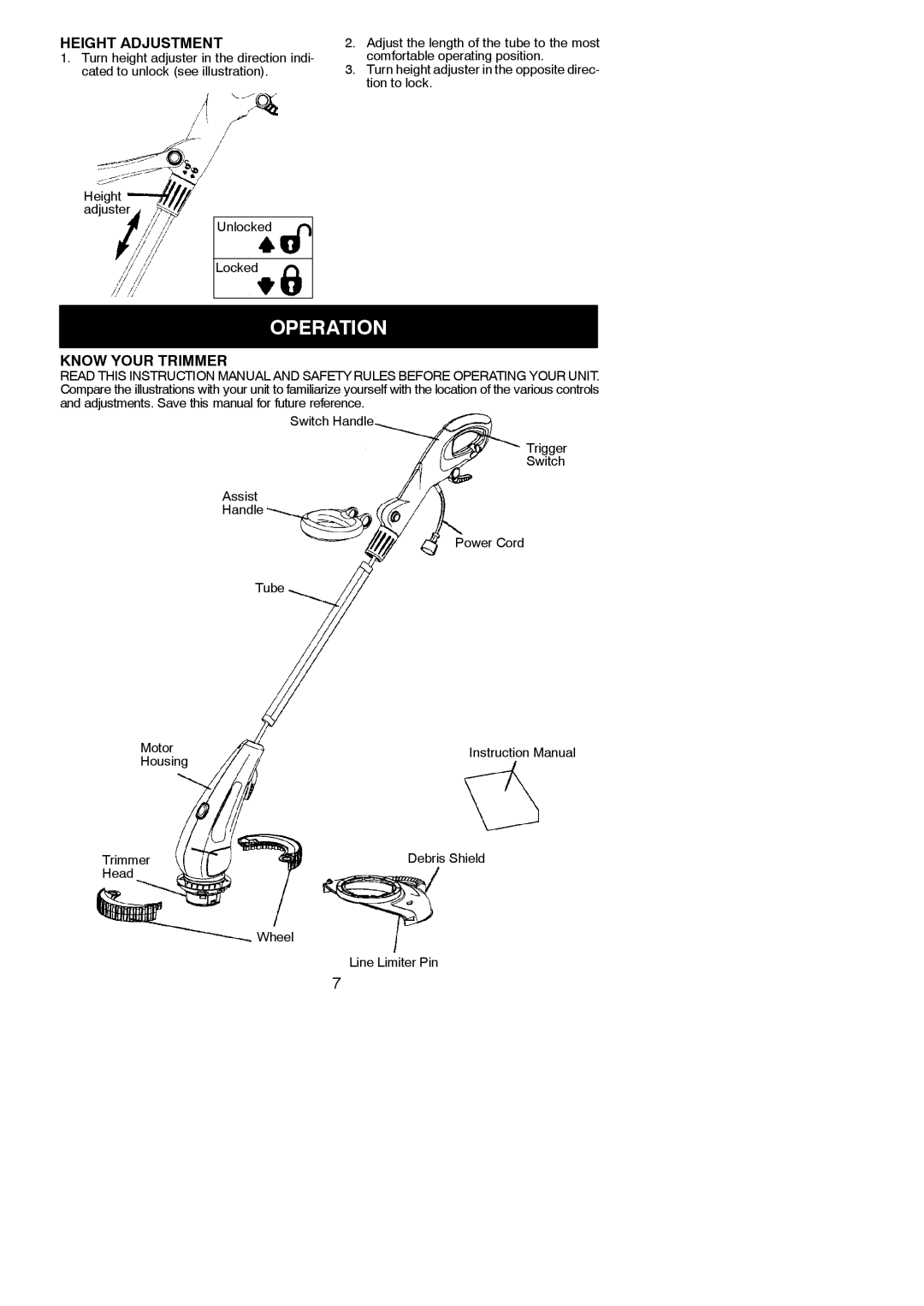 Weed Eater 545186765, 600 instruction manual Operation, Height Adjustment, Know Your Trimmer, Head Wheel Line Limiter Pin 