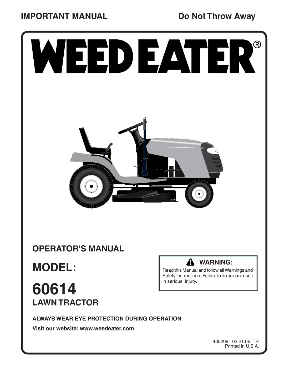 Weed Eater 405209, 60614 manual Model, Always Wear EYE Protection During Operation 