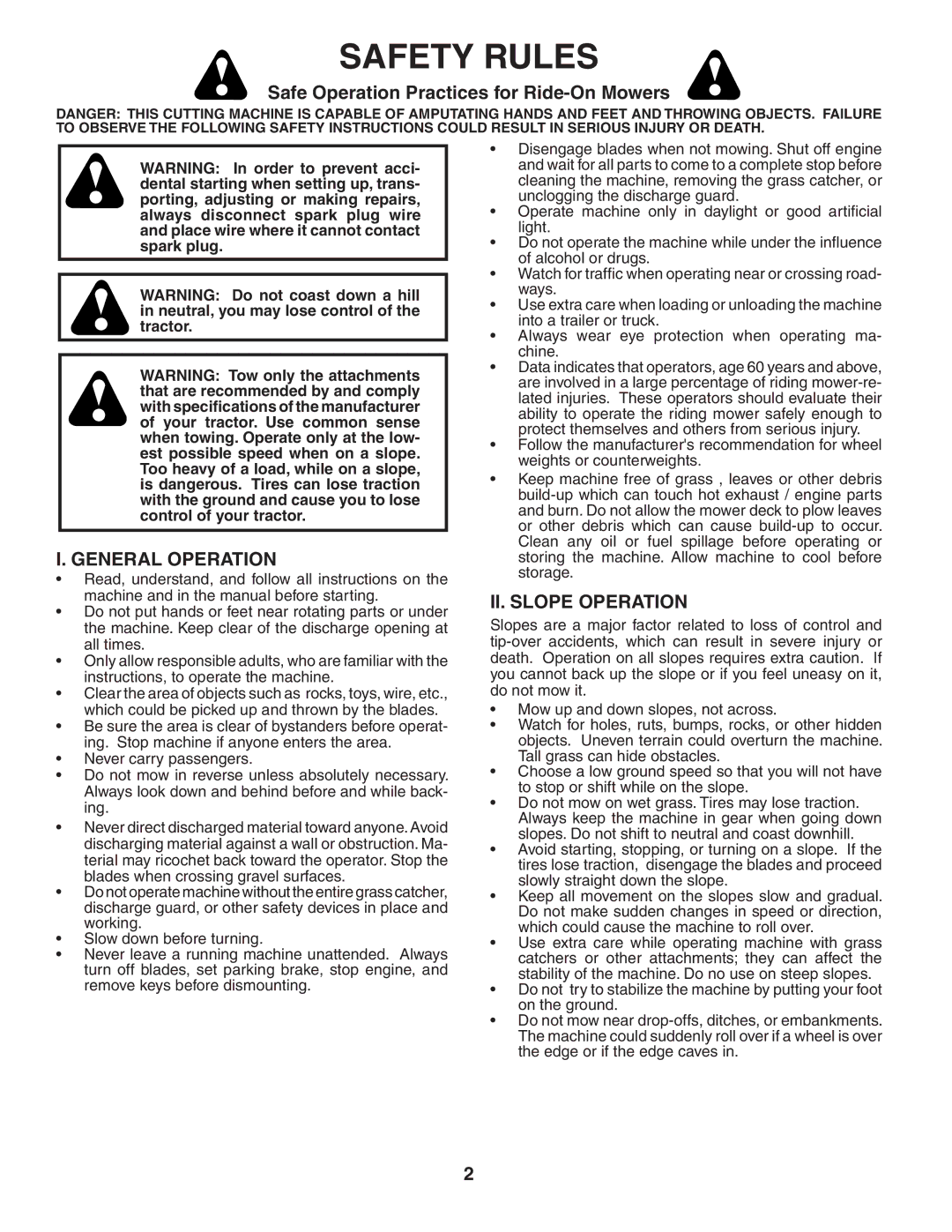 Weed Eater 60614, 405209 Safety Rules, Safe Operation Practices for Ride-On Mowers, General Operation, II. Slope Operation 