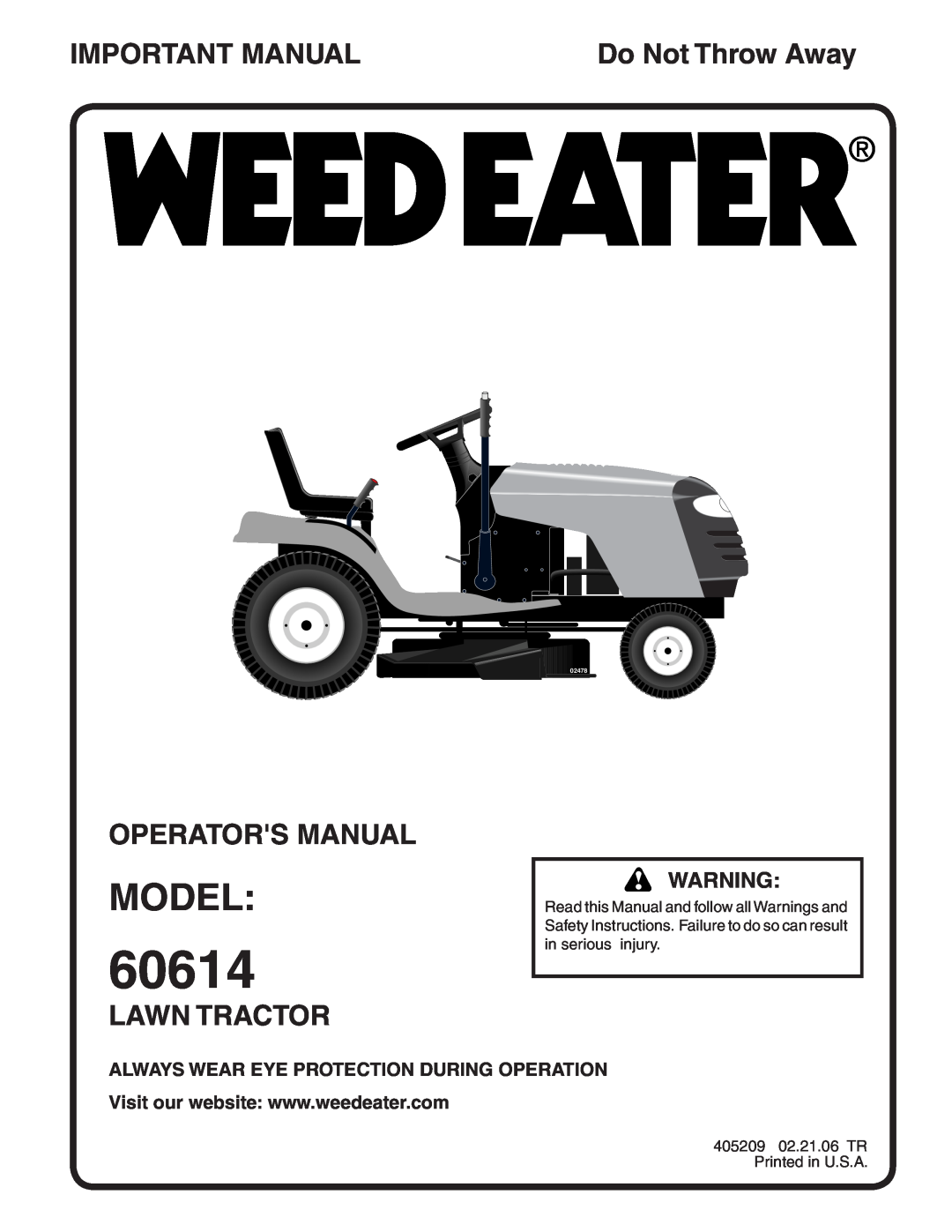 Weed Eater 405209 manual Model, Important Manual, Operators Manual, Lawn Tractor, 60614, Do Not Throw Away, 02478 