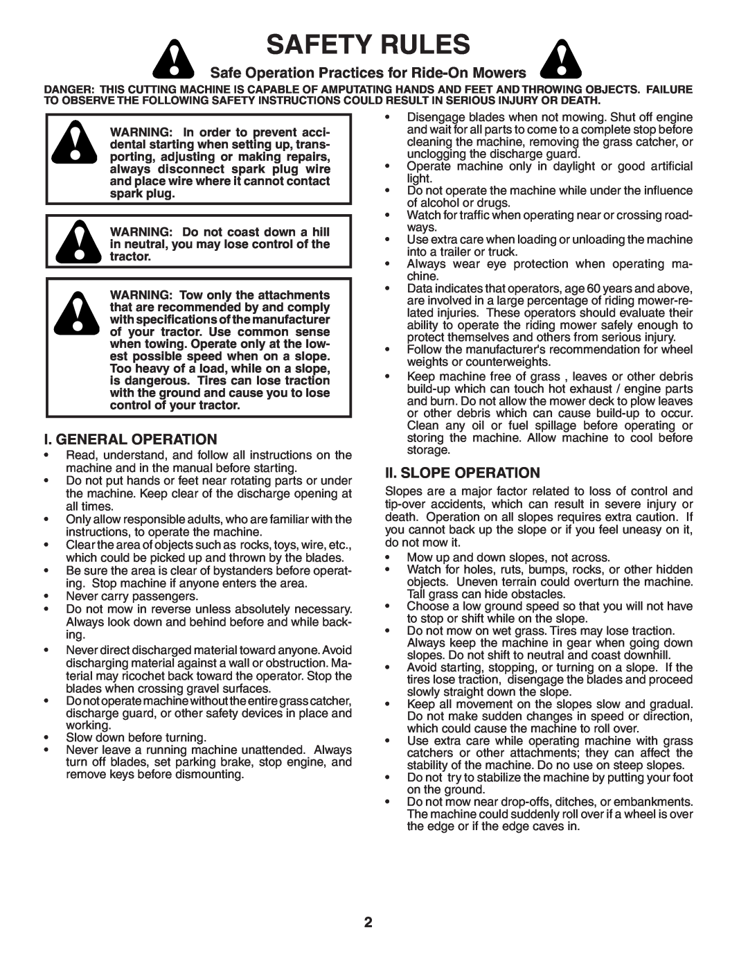 Weed Eater 60614 manual Safety Rules, Safe Operation Practices for Ride-OnMowers, I. General Operation, Ii. Slope Operation 