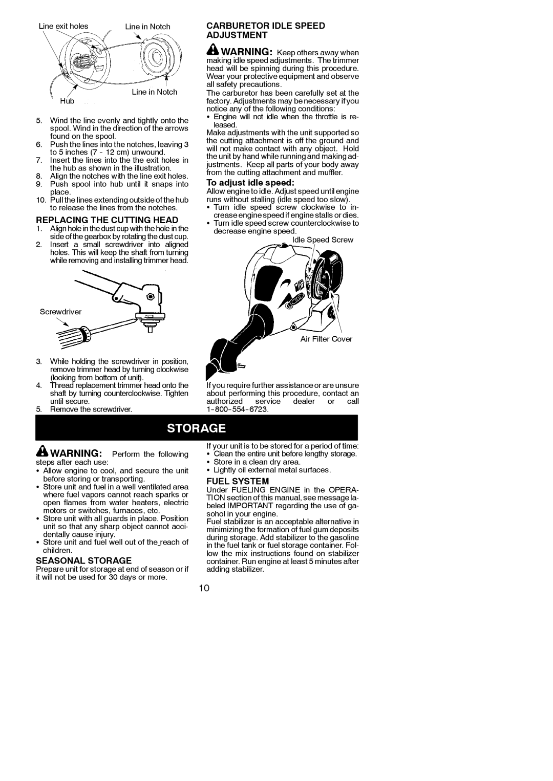 Weed Eater 952711796 Replacing the Cutting Head, Carburetor Idle Speed Adjustment, Seasonal Storage, Fuel System 