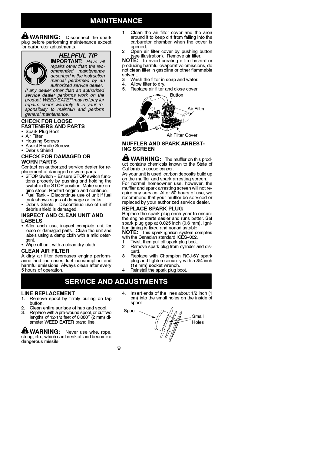 Weed Eater 952711796 instruction manual Maintenance, Service and Adjustments 