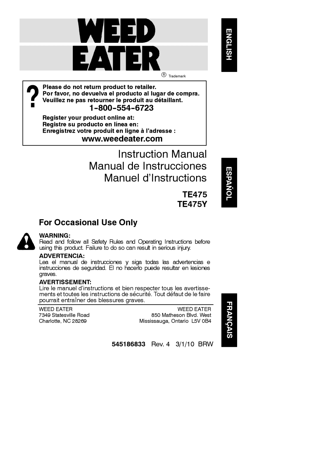 Weed Eater 952711797 instruction manual Manual de Instrucciones Manuel d’Instructions 