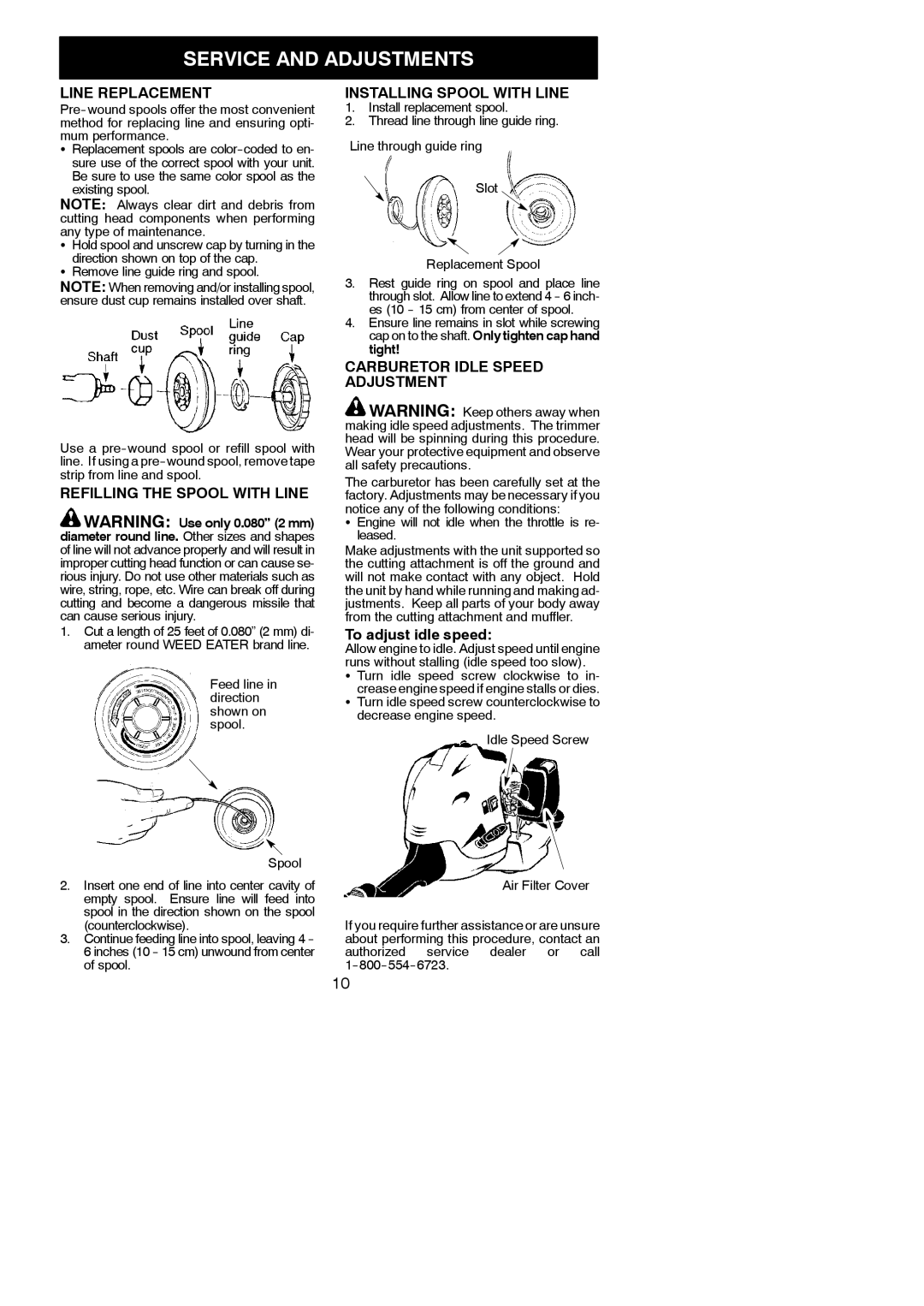 Weed Eater 952711797 Service and Adjustments, Line Replacement, Refilling the Spool with Line, Installing Spool with Line 