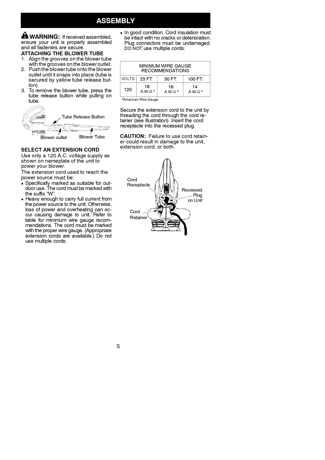 Weed Eater 952711855 instruction manual Assembly, Attaching the Blower Tube, Select AN Extension Cord, Suffix W 