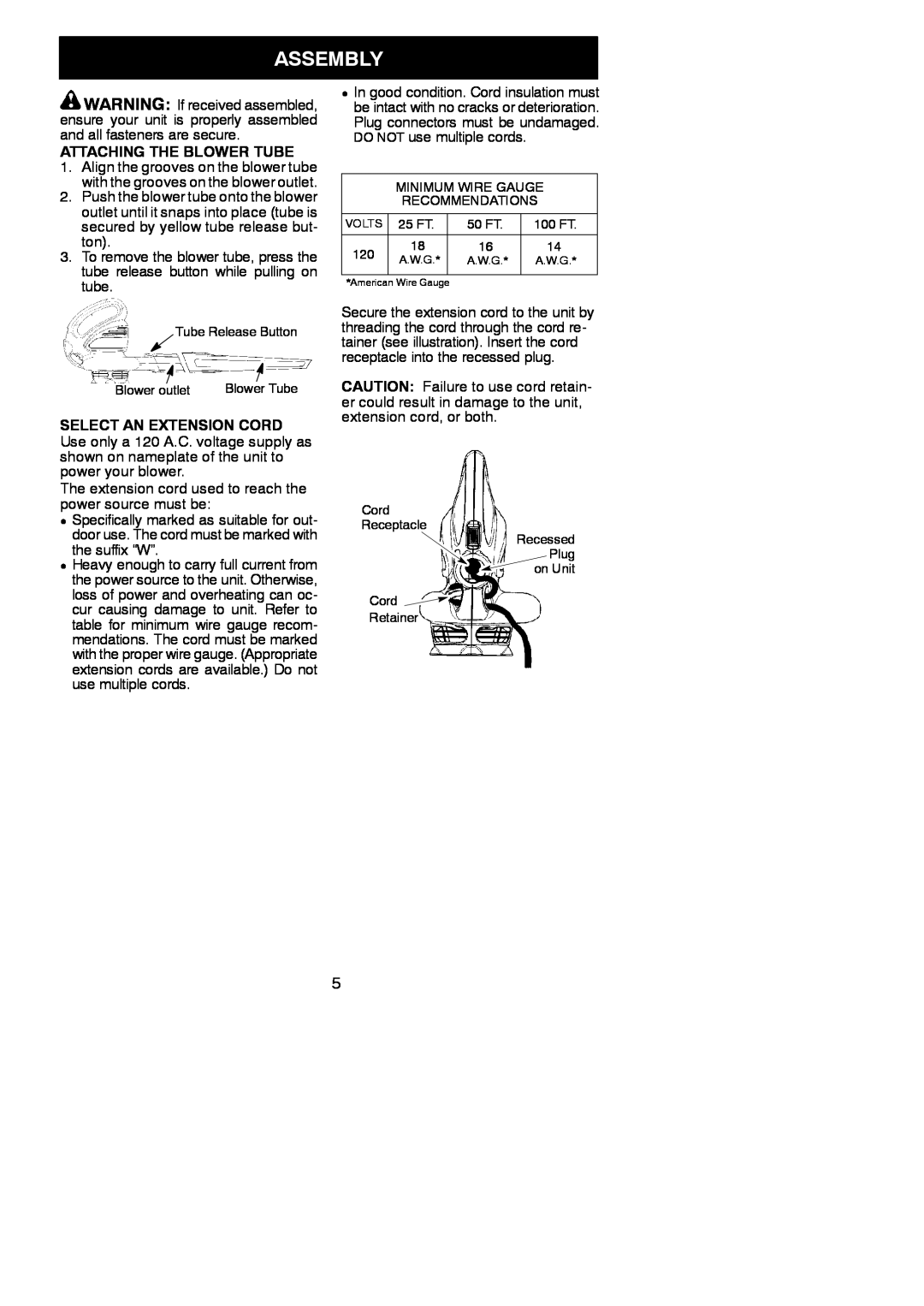 Weed Eater 952711855 instruction manual Assembly, Attaching The Blower Tube, Select An Extension Cord 