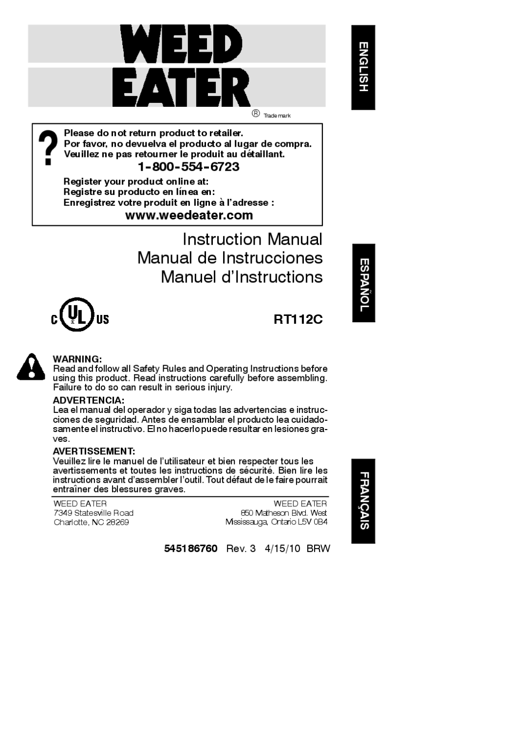 Weed Eater 952711865 instruction manual Advertencia, Avertissement 