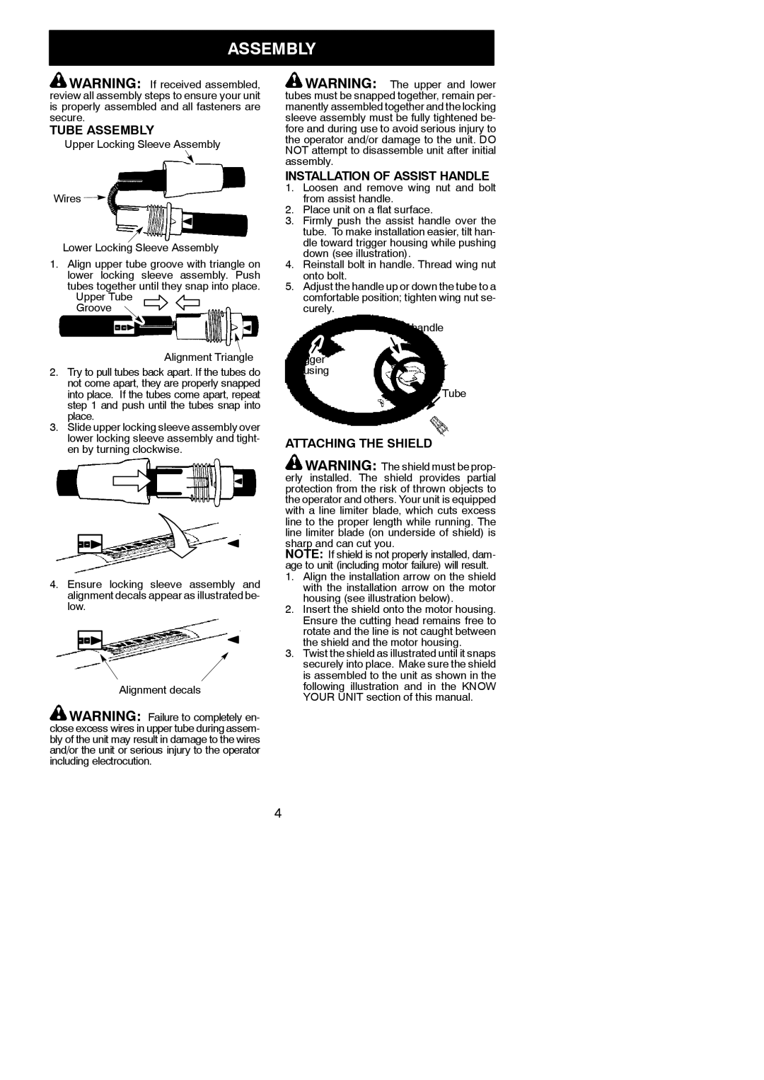 Weed Eater 952711865 instruction manual Tube Assembly, Installation of Assist Handle, Attaching the Shield 