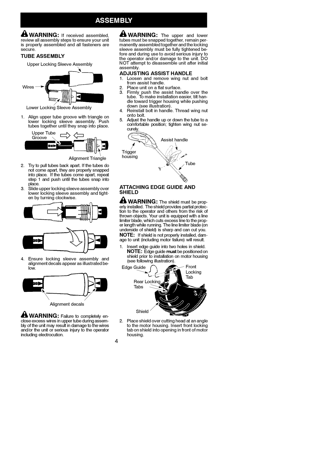 Weed Eater 952711866 instruction manual Tube Assembly, Adjusting Assist Handle, Attaching Edge Guide and Shield 