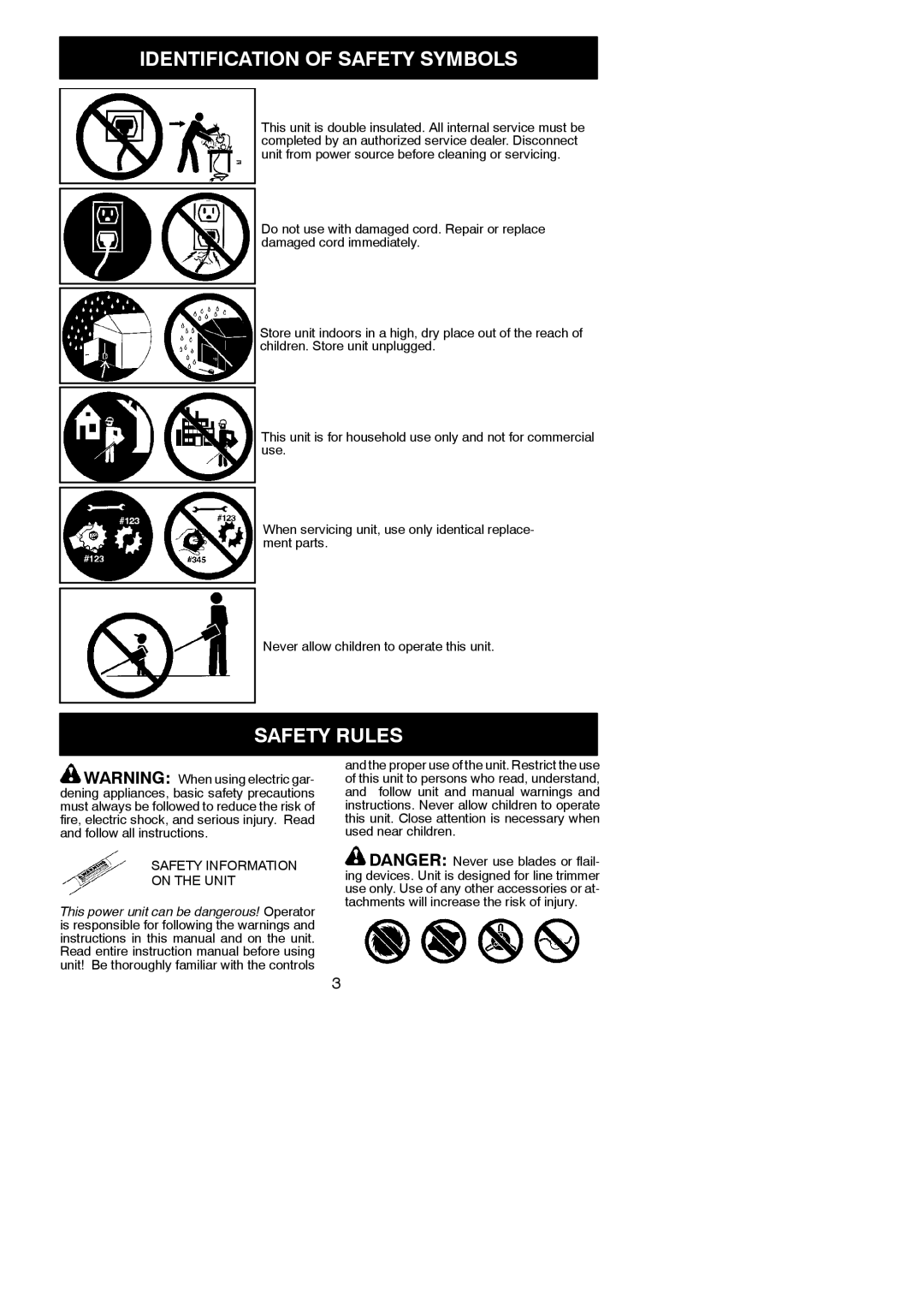 Weed Eater 952711894 instruction manual Safety Rules, Safety Information On the Unit 