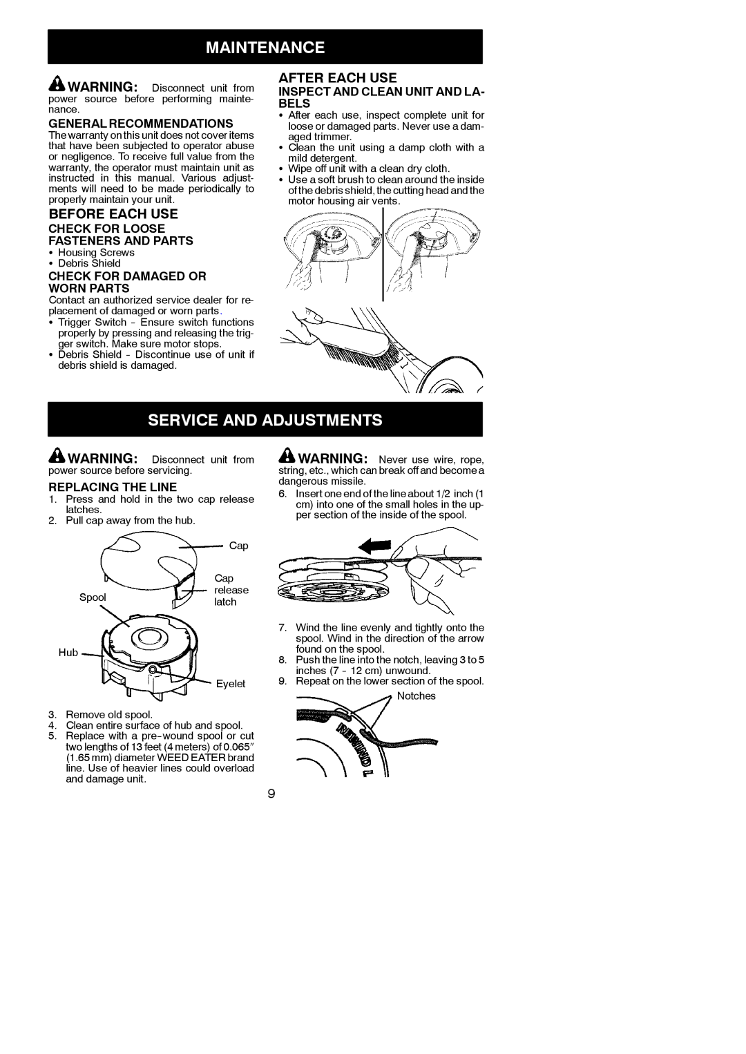 Weed Eater 952711894 instruction manual Maintenance, Service and Adjustments, Before Each USE, After Each USE 