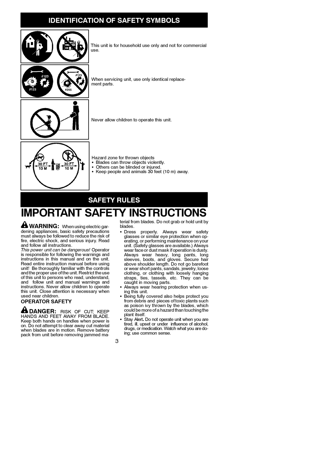 Weed Eater 952711899 instruction manual Safety Rules, Operator Safety, Keep people and animals 30 feet 10 m away 