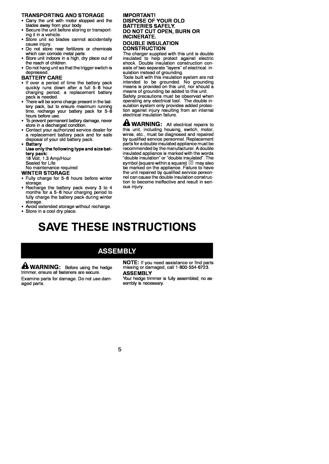 Weed Eater 952711899 Save These Instructions, Assembly, Transporting And Storage, Battery Care, Winter Storage, SBattery 