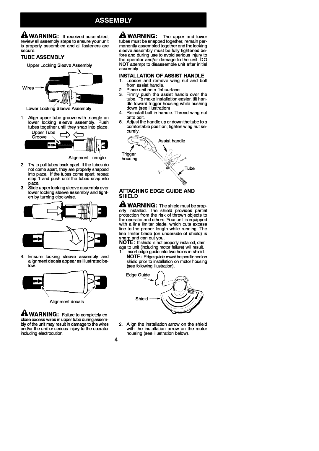 Weed Eater 952711905 instruction manual Tube Assembly, Installation Of Assist Handle, Attaching Edge Guide And Shield 