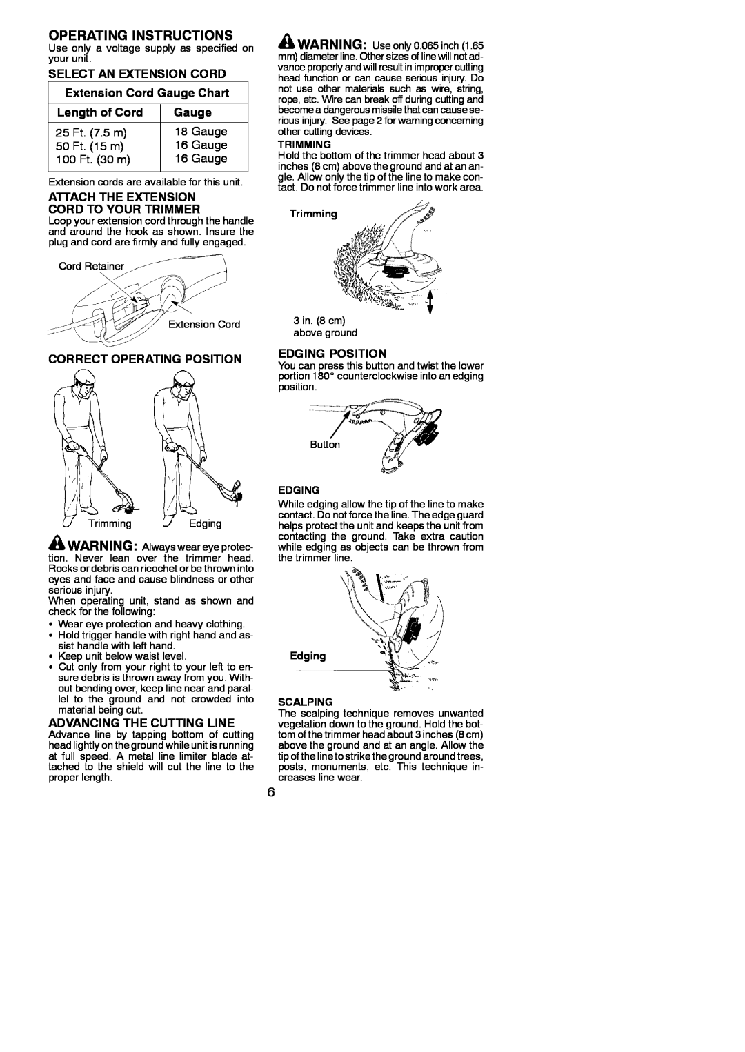 Weed Eater 952711905 Operating Instructions, Select An Extension Cord, Extension Cord Gauge Chart, Length of Cord, Edging 
