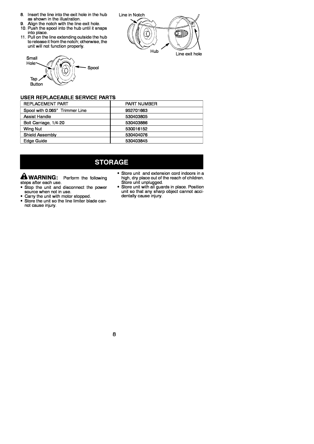 Weed Eater 952711905 instruction manual Storage, User Replaceable Service Parts 