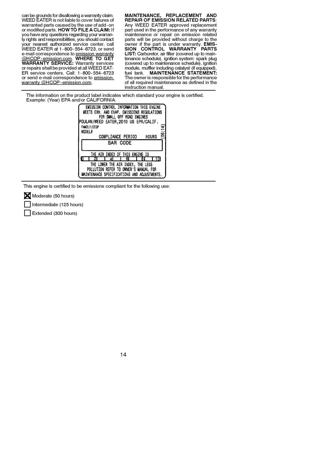 Weed Eater 952711929, 952711861 instruction manual Intermediate 125 hours Extended 300 hours 