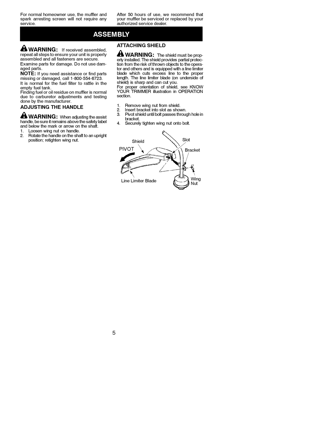 Weed Eater 952711861, 952711929 instruction manual Assembly, Adjusting the Handle, Attaching Shield, Nut 