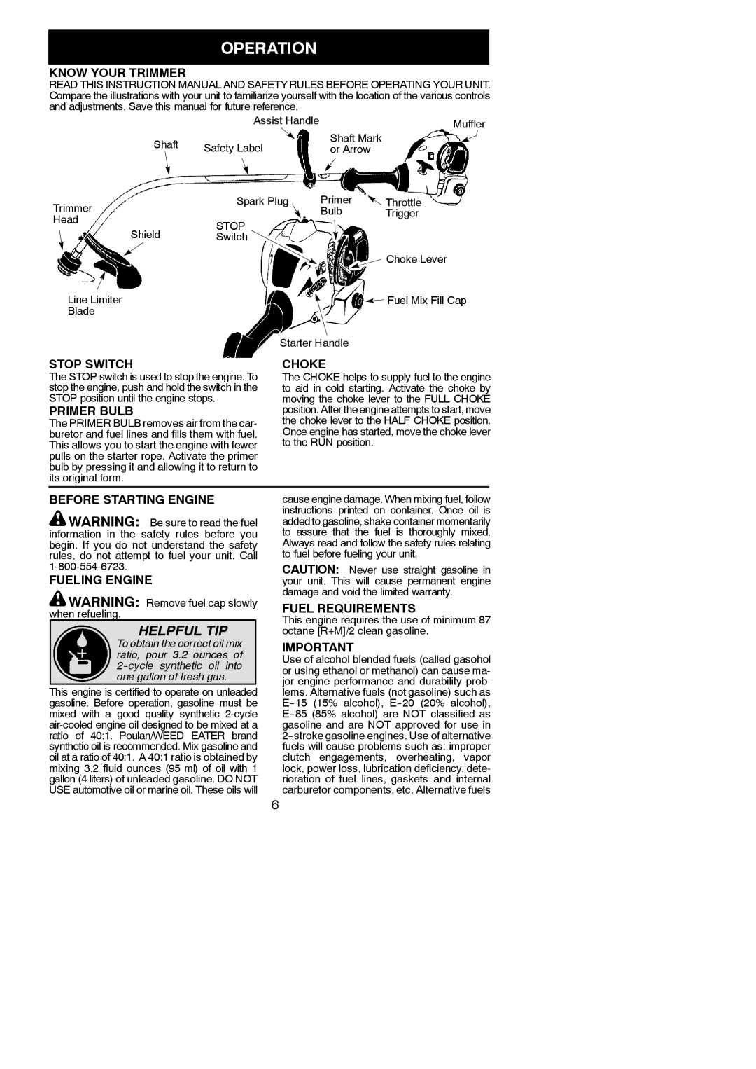 Weed Eater 952711929, 952711861 instruction manual Operation 