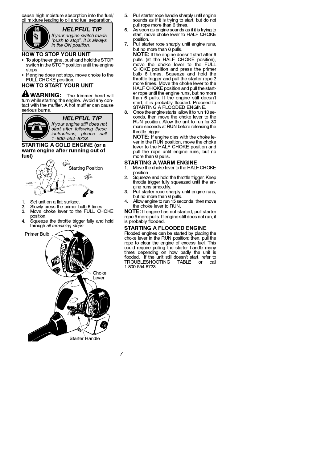 Weed Eater 952711861 HOW to Stop Your Unit, HOW to Start Your Unit, Starting a Warm Engine, Starting a Flooded Engine 