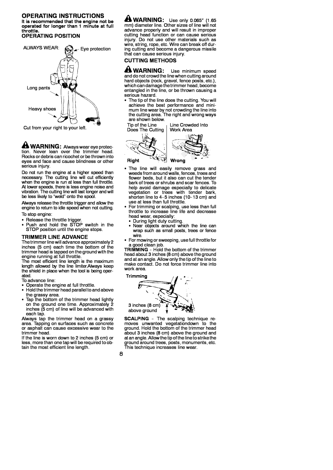 Weed Eater 952711929 Operating Instructions, Operating Position, Trimmer Line Advance, Cutting Methods, RightWrong 