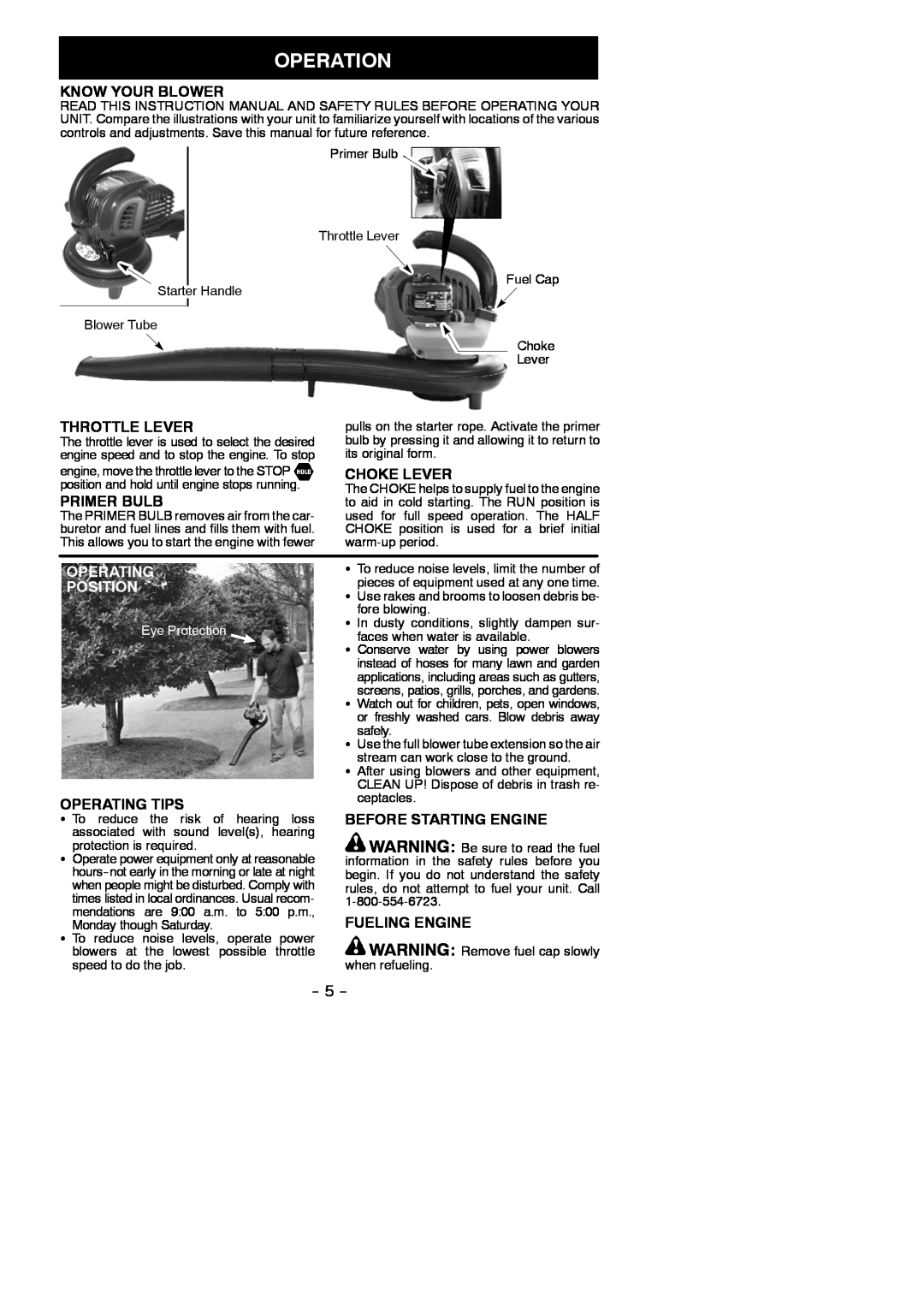 Weed Eater 952711937 Operation, Know Your Blower, Throttle Lever, Choke Lever, Primer Bulb, Operating, Position 