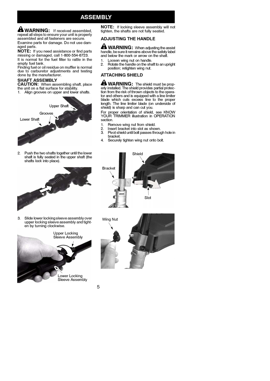 Weed Eater 952711938 instruction manual Shaft Assembly, Adjusting the Handle, Attaching Shield 