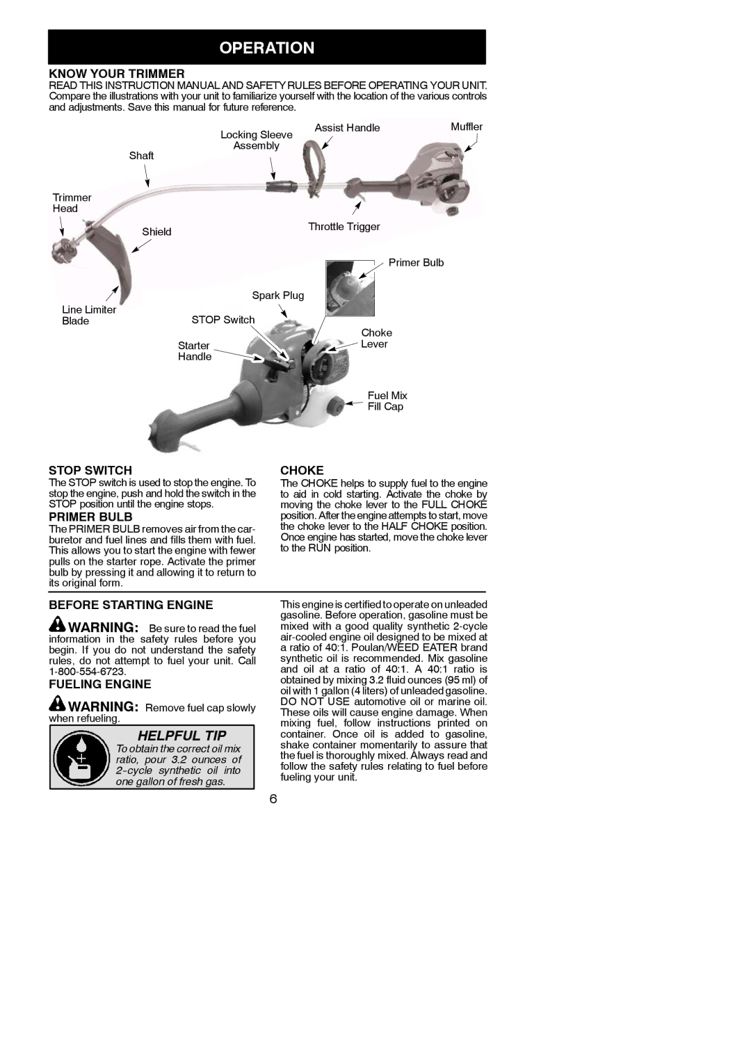 Weed Eater 952711938 instruction manual Operation 