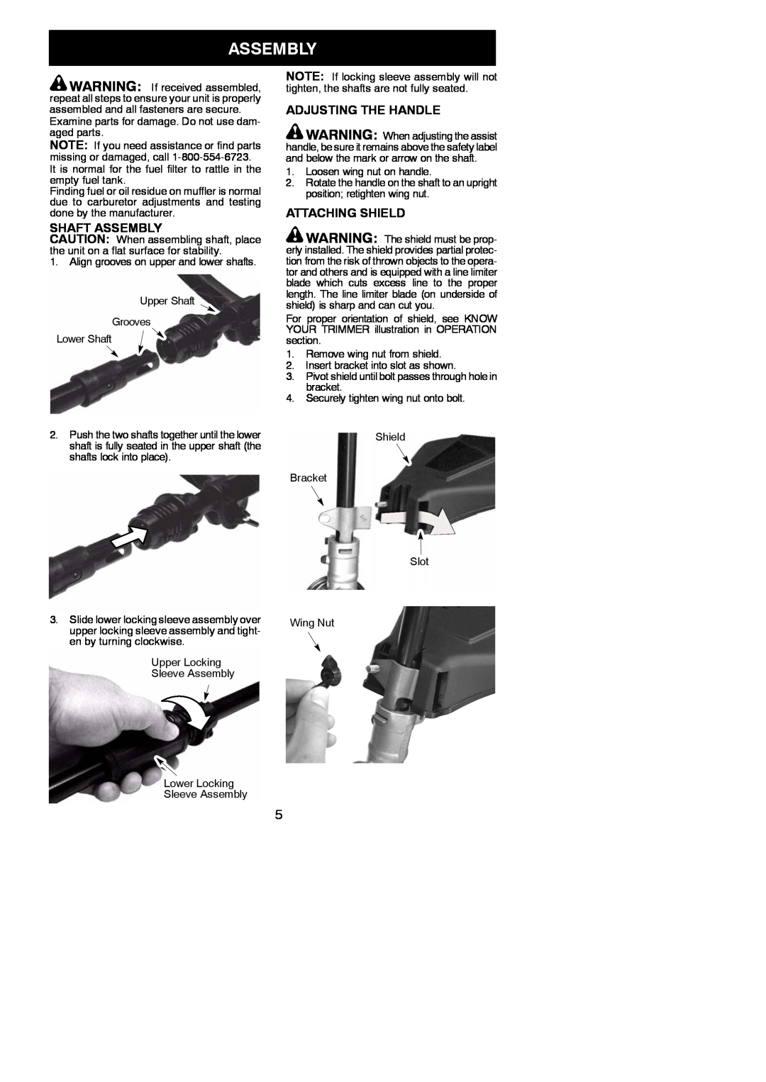 Weed Eater 952711938 instruction manual Shaft Assembly, Adjusting The Handle, Attaching Shield 