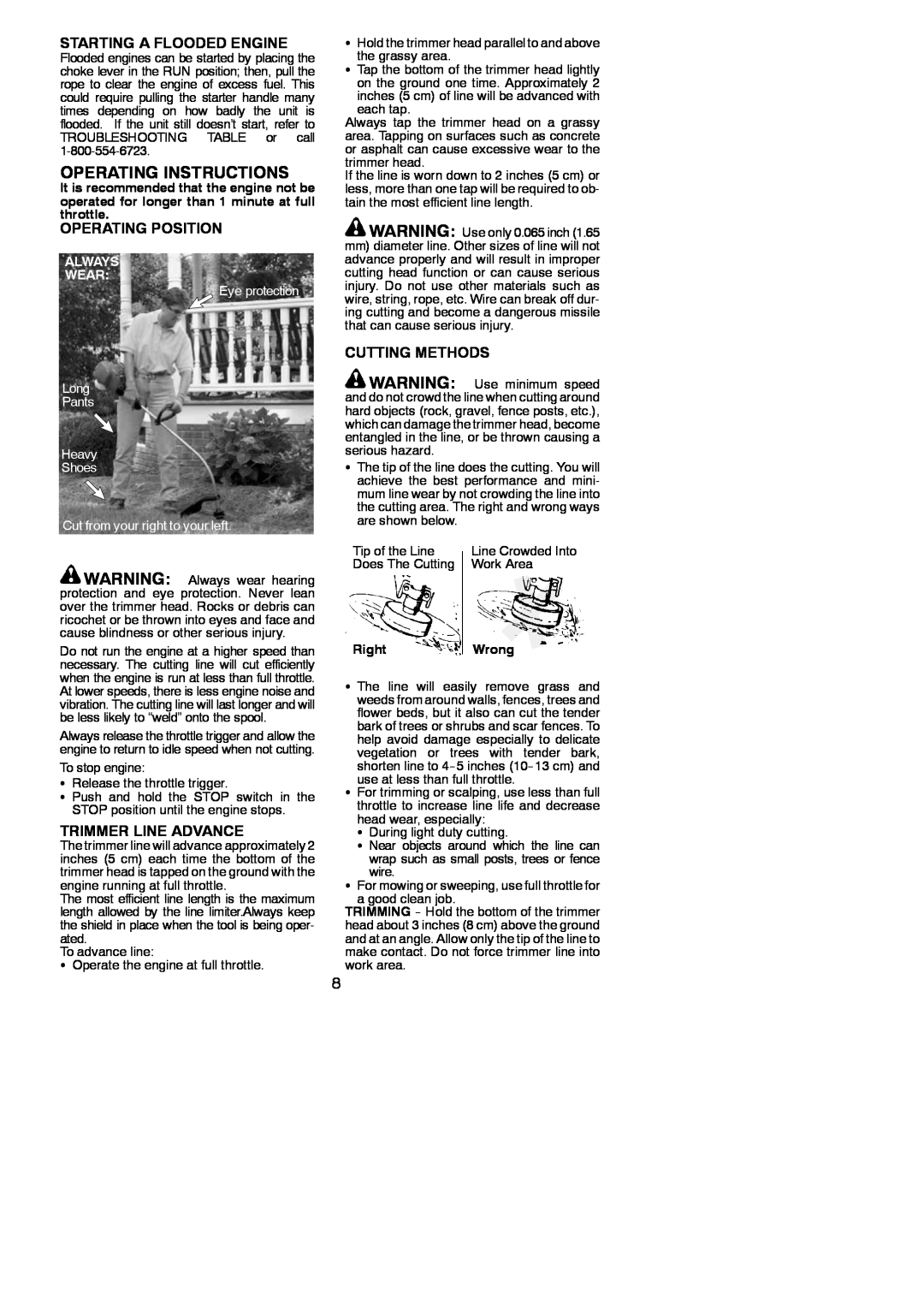 Weed Eater 952711938 Operating Instructions, Starting A Flooded Engine, Operating Position, Trimmer Line Advance 